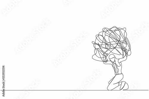 Single one line drawing frustrated businesswoman carrying heavy messy line on her back. Anxiety from work difficulty, overload, economic crisis problem. Continuous line draw design vector illustration