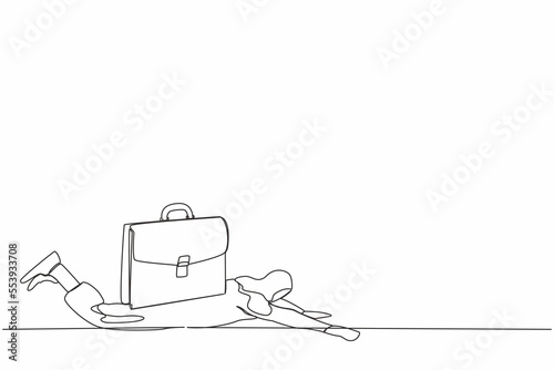 Single continuous line drawing Arabian businesswoman under heavy briefcase burden. Difficulty business task. Pressure workload. Anxiety from work and overload. One line draw design vector illustration