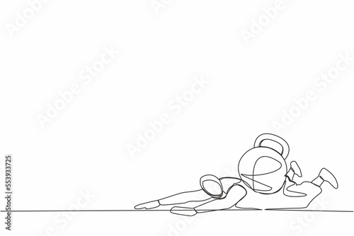 Continuous one line drawing Arabian businesswoman under heavy kettlebell burden. Tension, heaviness in business life. Overwork, stress, time management. Single line design vector graphic illustration