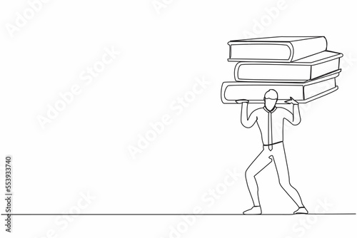 Continuous one line drawing exhausted businessman carrying heavy pile of paper folder on his back. Tired worker with a lot of work, pressure with paperwork. Single line draw design vector illustration