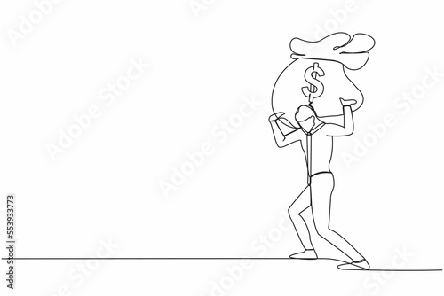 Single one line drawing exhausted businessman carrying heavy money bag on his back. Stressed worker difficult to making money. Financial crisis in pandemic. Continuous line design vector illustration