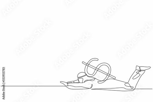 Continuous one line drawing Arabian businessman under heavy dollar symbol burden. Overworked or overloaded worker due to economic crisis, debt pressure. Single line design vector graphic illustration