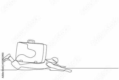 Continuous one line drawing Arabian businessman under heavy briefcase burden. Anxiety from work and overload. Pressure from too much responsibility. Single line draw design vector graphic illustration