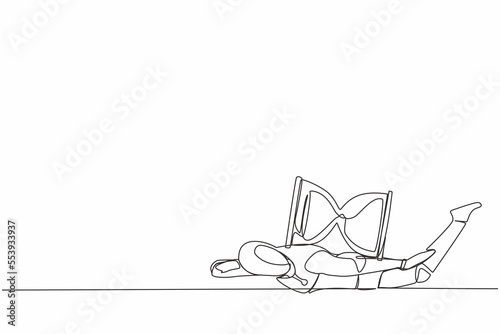 Single one line drawing stressed robot under heavy hourglass burden. Robot with deadline problem operation. Modern robotic artificial intelligence. Continuous line design graphic vector illustration