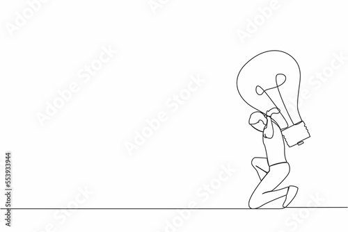 Single continuous line drawing exhausted businessman carrying heavy light bulb on his back. Uninspired or no idea after business failure, burnout in crisis. One line graphic design vector illustration