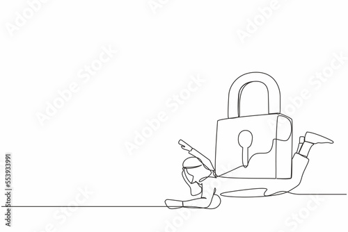 Single one line drawing Arab businessman under heavy lock pad burden. Business closing down or bankruptcy in Covid-19 pandemic lockdown crisis. Continuous line draw design graphic vector illustration