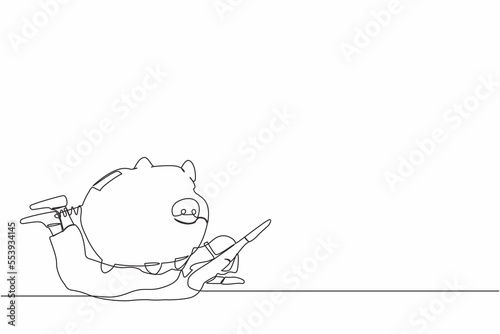 Single continuous line drawing Arab businessman under heavy piggy bank burden. Broke and financial problems concept. Searching money in crisis. Dynamic one line draw graphic design vector illustration