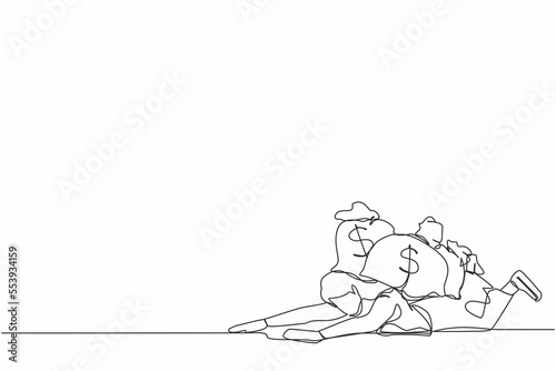 Continuous one line drawing unhappy businesswoman under heavy money bag burden. Stressed entrepreneur difficulty making money. Financial crisis due to pandemic. Single line design vector illustration