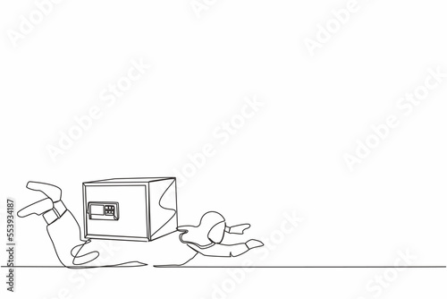 Single one line drawing Arab businesswoman under heavy safe deposit box burden. Money loss in Coronavirus crisis, entrepreneur with debt and bankruptcy. Continuous line draw design vector illustration