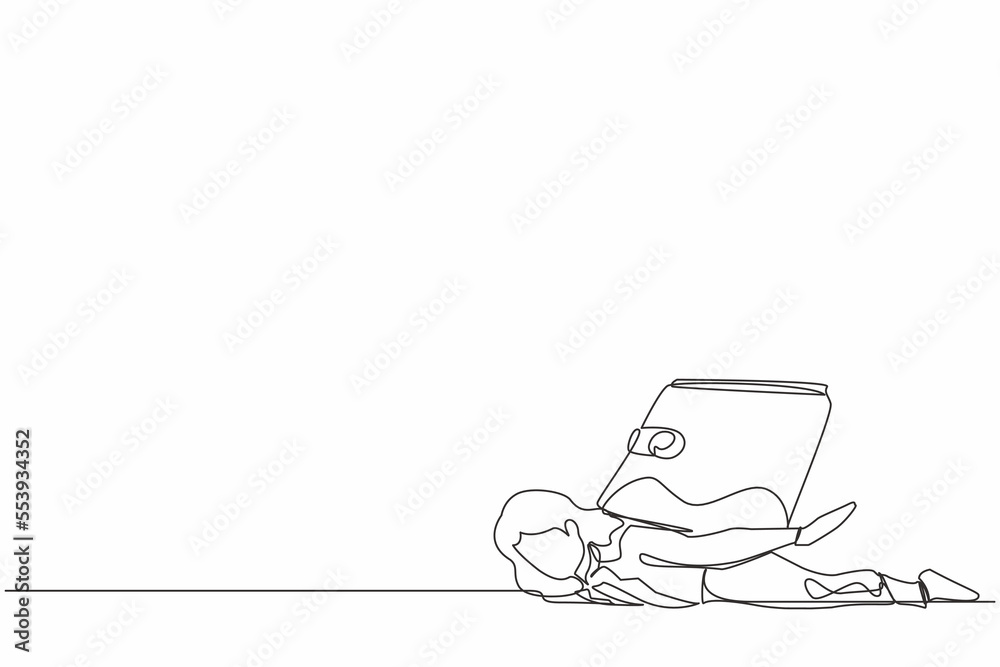Single continuous line drawing unhappy businesswoman under heavy wallet burden. Stressed worker feeling bankrupt, no money. Financial crisis due to pandemic. One line draw design vector illustration Single continuous line drawing unhappy businesswoman under heavy wallet burden. Stressed worker feeling bankrupt, no money. Financial crisis due to pandemic. One line draw design vector illustration