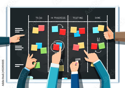 Scrum board with businessman hands. Vector project sprint schedule, scrum or agile methodology task board of business team work plan. Flat scrumboard with sticky notes, to do, story and done list