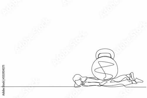 Continuous one line drawing unhappy businesswoman under heavy kettlebell burden. Tension, heaviness in business life. Overwork, stress, time management. Single line graphic design vector illustration