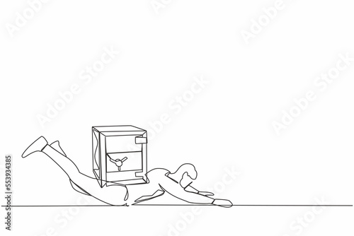 Single one line drawing depressed businessman under heavy safe deposit box burden. Money loss in pandemic crisis, company cannot pay for debt and bankruptcy. Continuous line design vector illustration