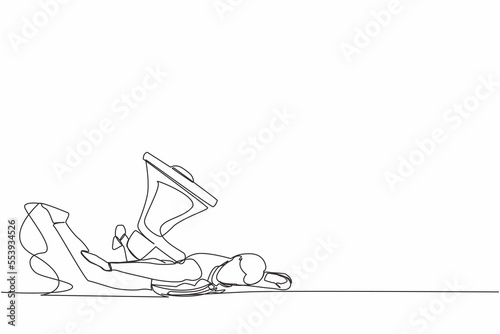 Single one line drawing depressed businessman under heavy megaphone burden. Conflict and trouble in communication. Bullying, harassment at work. Continuous line draw design graphic vector illustration