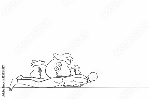 Continuous one line drawing of depressed businessman under heavy money bag burden. Finance crisis money fall down. Economic crash due to pandemic. Single line draw design vector graphic illustration