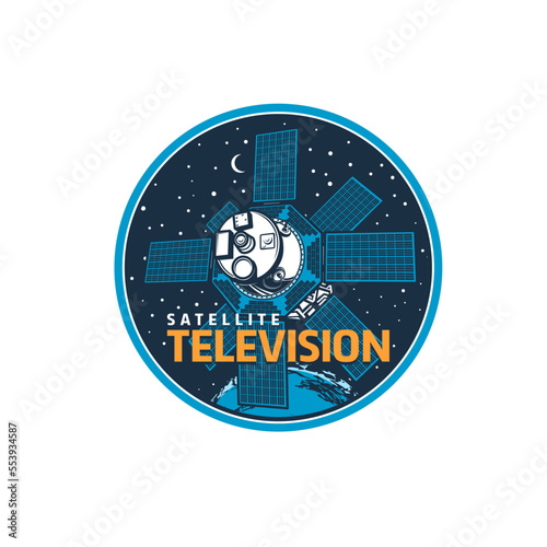 Telecommunication satellite icon. Television broadcasting and Internet network transmission, telecom equipment and technology vector retro symbol or round icon with artificial satellite on Earth orbit