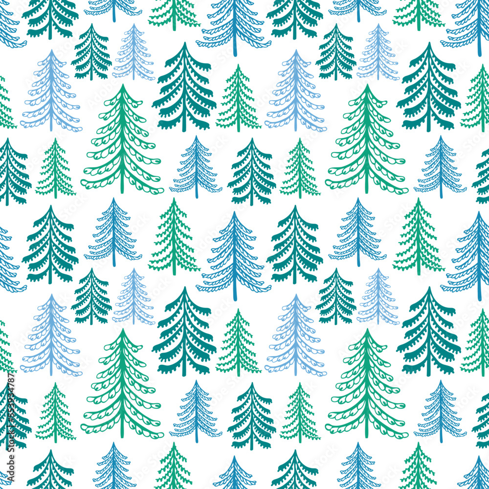 Conifers forest seamless pattern, fir-tree background