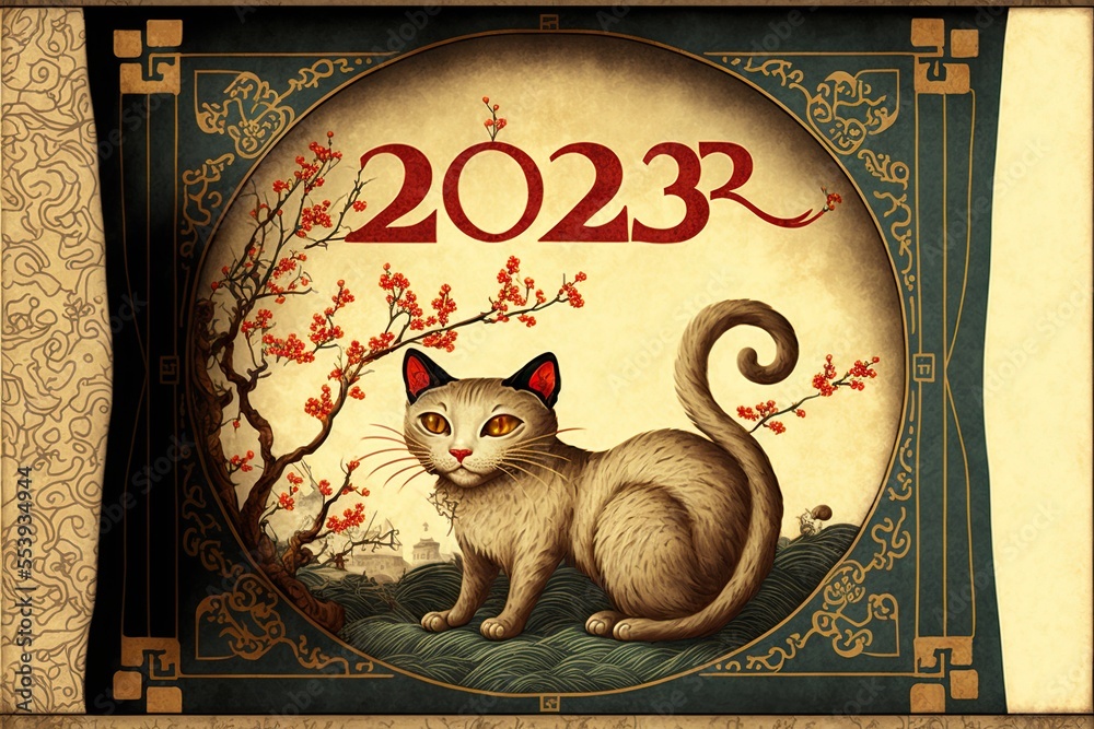 Tet Vietnamese lunar new year, 2023 year of the cat zodiac generative ai - obrazy, fototapety, plakaty 