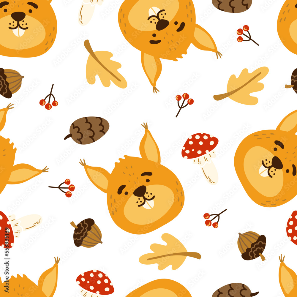 Naklejka premium Cute squirrel seamless vector pattern. Fly agaric, cone, acorn, oak leaf, squirrel head, berries texture.
