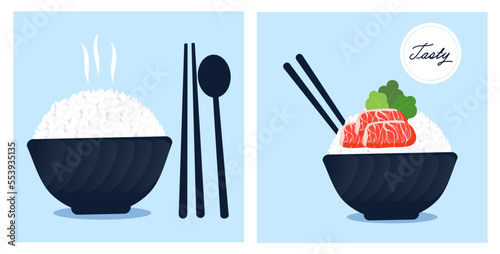 Rice bowls with chopsticks, spoon, meat and vegetable icon logo on blue backgrounds vector illustration. Cute cartoon food.