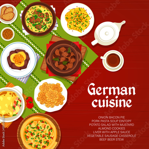 German cuisine menu cover page. Black tea, potato salad with mustard and pork pasta soup Eintopf, vegetable sausage casserole, almond cookie and beef beer stew, onion bacon pie, liver with apple sauce