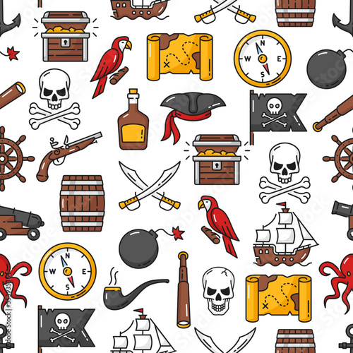 Caribbean pirates and corsairs seamless pattern background. Vector treasure chest pirates pattern with rum barrel, skull on Jolly Roger flag and filibuster ship with cannon and pirate tricorne hat