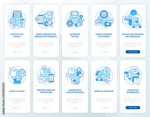 Increase business credibility blue onboarding mobile app screen set. Walkthrough 5 steps editable graphic instructions with linear concepts. UI, UX, GUI template. Myriad Pro-Bold, Regular fonts used