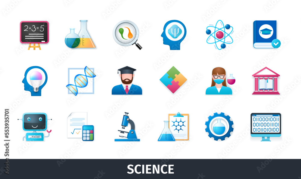 Science 3d vector icon set. Knowledge, laboratory, dna, formula, scientist, robot, chemistry, microscope, university. Realistic objects in 3D style