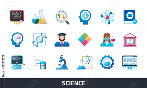 Science 3d vector icon set. Knowledge, laboratory, dna, formula, scientist, robot, chemistry, microscope, university. Realistic objects in 3D style