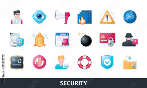Security 3d vector icon set. Fingerprint, password, alarm, firewall, hacker, data protection, cryptography, internet, privacy. Realistic objects in 3D style
