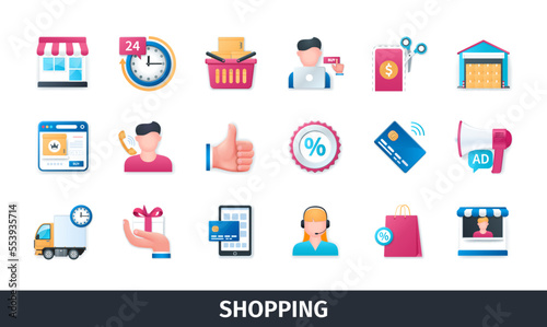 Shopping 3d vector icon set. Sale, basket, shop, support, online shopping, marketing, product, retail, delivery. Realistic objects in 3D style