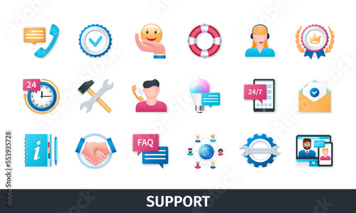 Support 3d vector icon set. Maintenance, customers, help, email, supporting, client, faq, information, assistance, advice, feedback. Realistic objects in 3D style