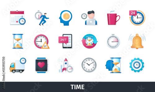 Time 3d vector icon set. Planning, sprint, working time, overtime, 24, calendar, clock, hours, stopwatch, hourglass. Realistic objects in 3D style