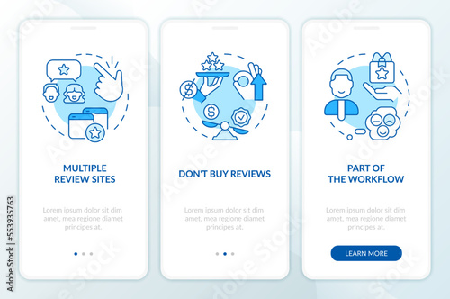 Obtaining online feedback blue onboarding mobile app screen. Walkthrough 3 steps editable graphic instructions with linear concepts. UI, UX, GUI template. Myriad Pro-Bold, Regular fonts used