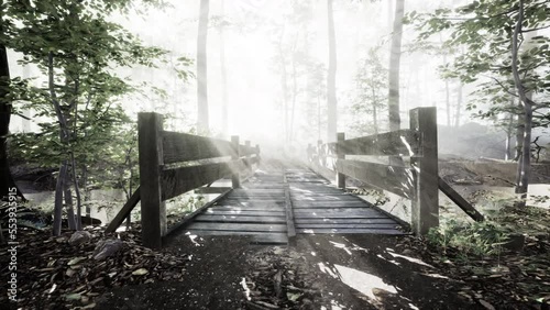 Suspended wooden bridge crossing the river to foggy mysterious forest