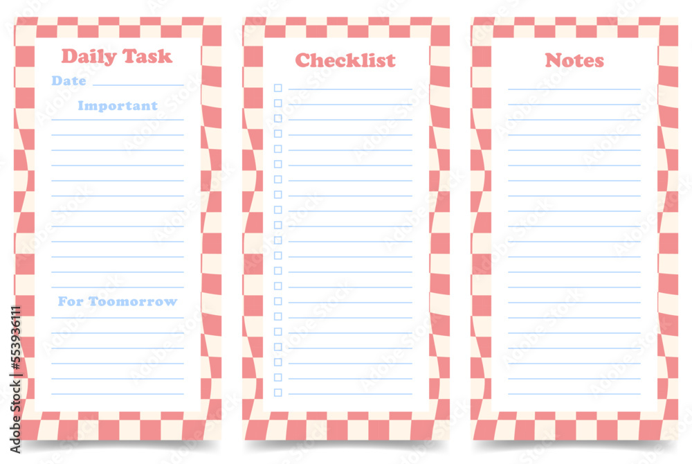 Set of daily palnners, checklist, notes pages template. Routine organization. Vertical list on pink checkerboard pattern background. Y2k style. Vector illustration