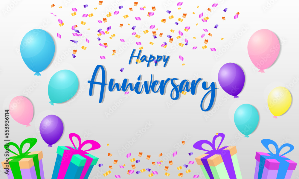 Anniversary vector design for greeting cards and poster with balloon, confetti and gift box, birthday party design template