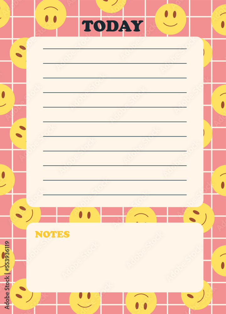 Daily planner page template. Tasks for today. Vertical list on abstract pink cage pattern background and emoji smile elements. Y2k style. Vector illustration