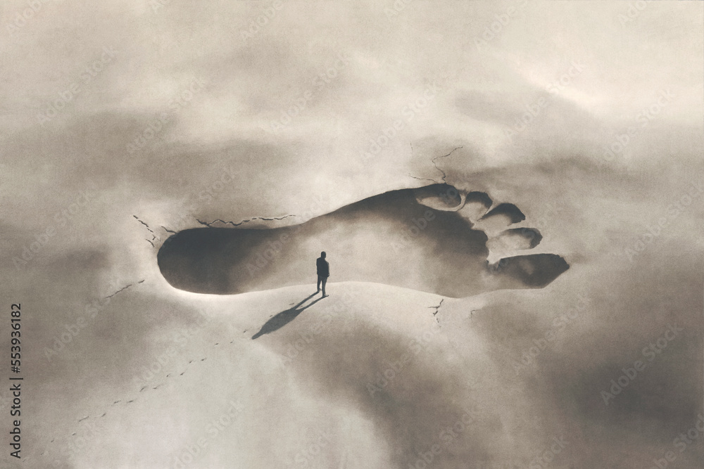 Illustration of a little man following huge footprints in the sand, surreal concept - obrazy, fototapety, plakaty 