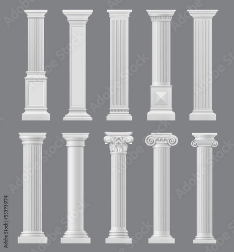 Marble antique columns and pillars. Roman or greek temple or palace building, classical architecture element, museum monument isolated vector pedestal, historical building facade realistic columns set