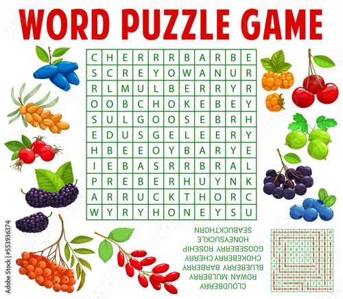 Garden and forest berry word search puzzle game worksheet. Kids quiz grid, text riddle or vector vocabulary puzzle with cloudberry, rowan and mulberry, blueberry, chokeberry and rosehip, honeysuckle