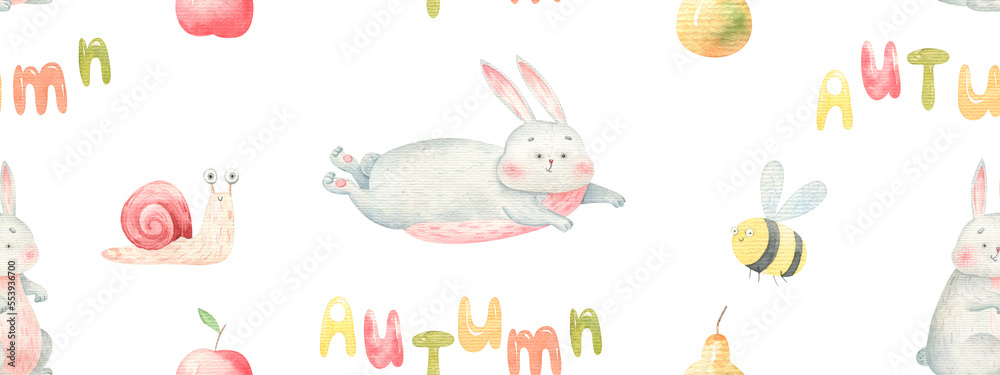 wallpaper,seamless pattern with autumn and cute rabbit, snails and bees, watercolor childish illustration on white background