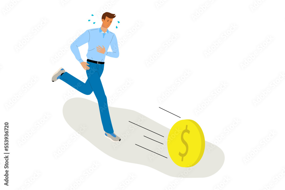 Tired man runs for dollar. Hard earnings concept. Flat cartoon vector illustration of working hard or losing money from inflation, recession. Tired man runs for dollar. Hard earnings concept. Flat cartoon vector illustration of working hard or losing money from inflation, recession.