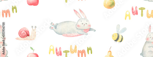 wallpaper,seamless pattern with autumn and cute rabbit, snails and bees, watercolor childish illustration on white background