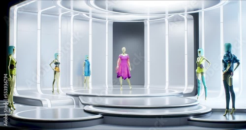 3D Fashion Show: Virtual Model Walking by the Podum. Fashionable Pink Dress. Meetings in Virtual Space, Artificial World. Concept of Gamification and Realization of NFT Products. 3D Rendering photo