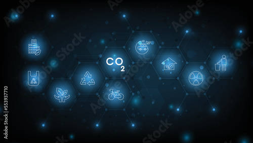 Idea of reduce CO2 emissions to limit global warming.Lower CO2 levels with sustainable development on renewable energy, planting tree and green energy to stop climate change.