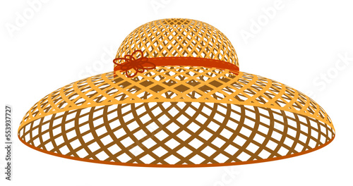 Round women hat with wide brim woven from natural material. Summer light headwear. Elegant woven straw hat with large mesh. Vector isolated on white background