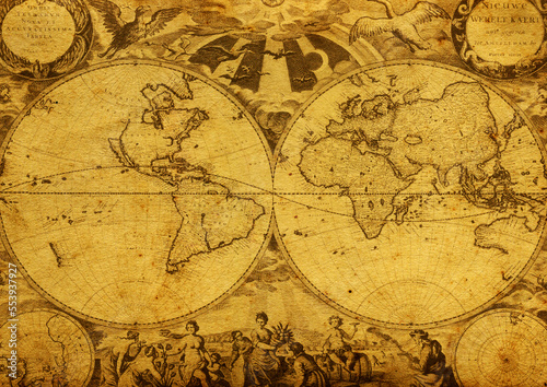 Old paper world map on white background.
