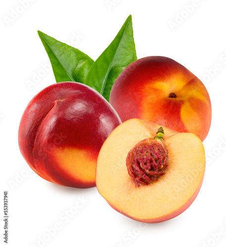 Nectarine with leaves isolated on white background. clipping path