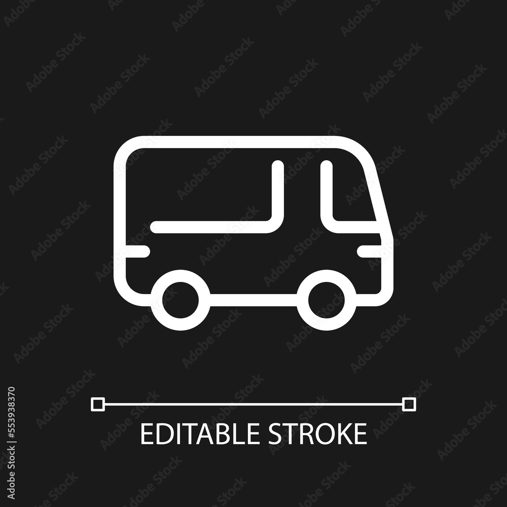 Bus pixel perfect white linear ui icon for dark theme. Public transport. Road vehicle. Vector line pictogram. Isolated user interface symbol for night mode. Editable stroke. Arial font used